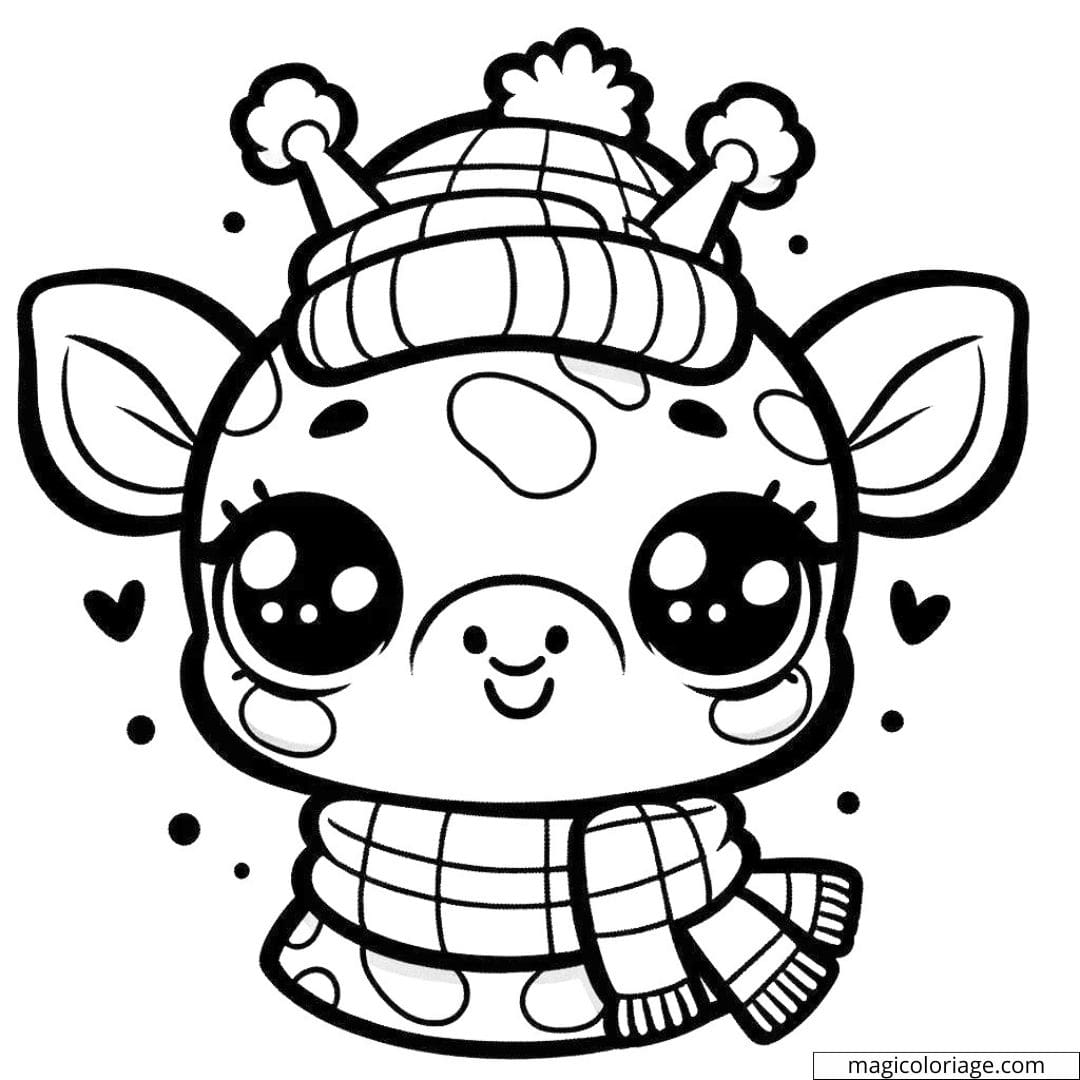Coloriage à imprimer de girafe kawaii avec une écharpe et un chapeau