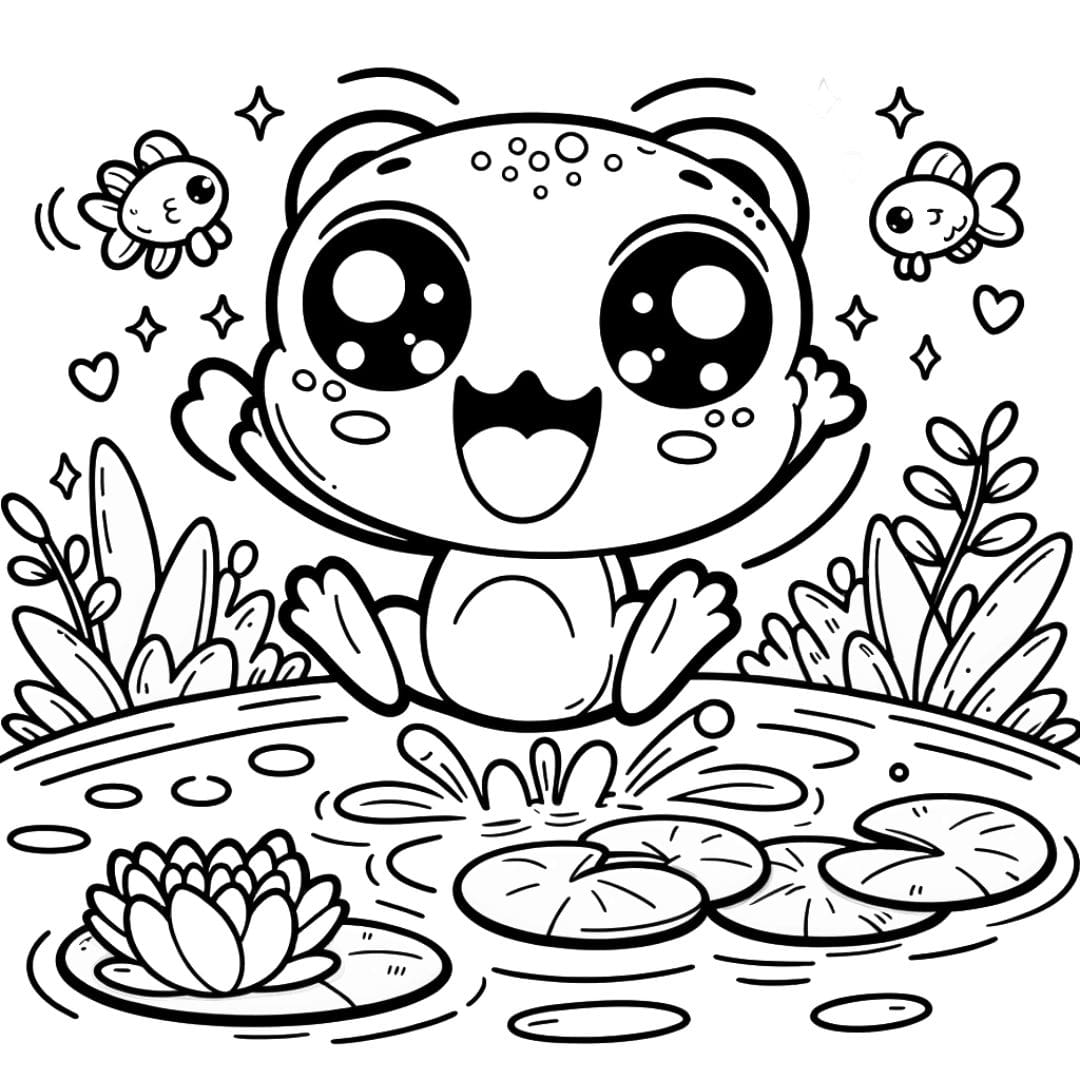 Coloriage de grenouille kawaii sur des nénuphars