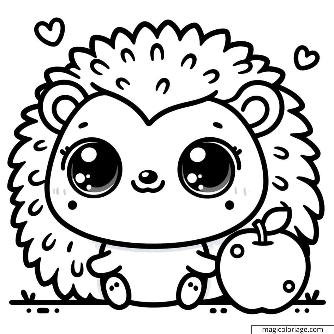 Coloriage à imprimer de hérisson kawaii tenant une pomme et souriant