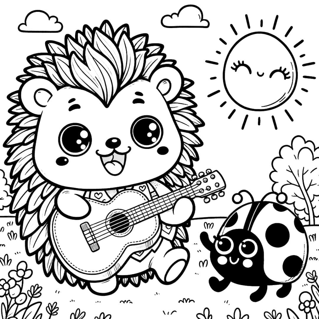 Coloriage d'un hérisson kawaii jouant de la guitare