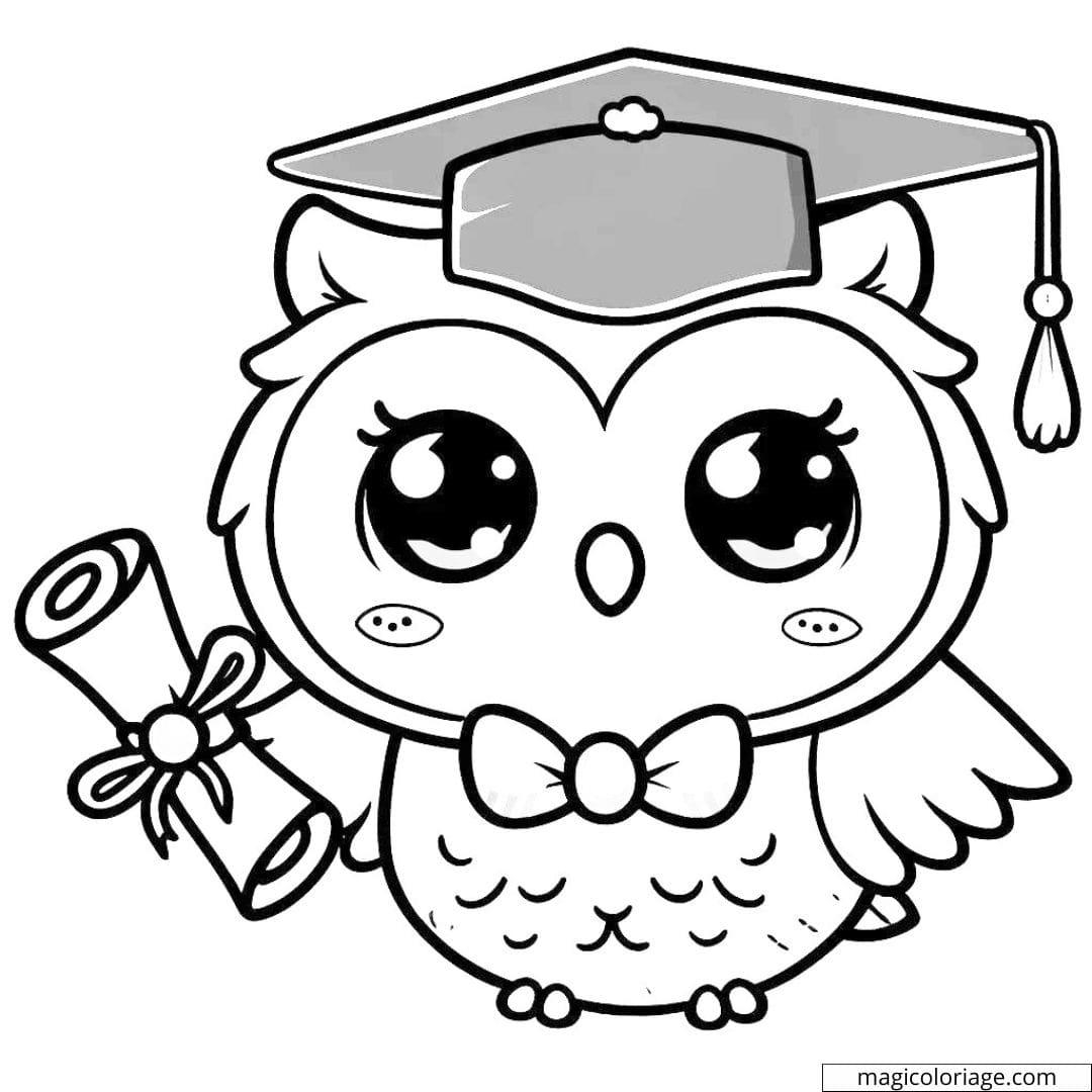 Coloriage à imprimer de hibou kawaii avec chapeau de graduation et diplôme