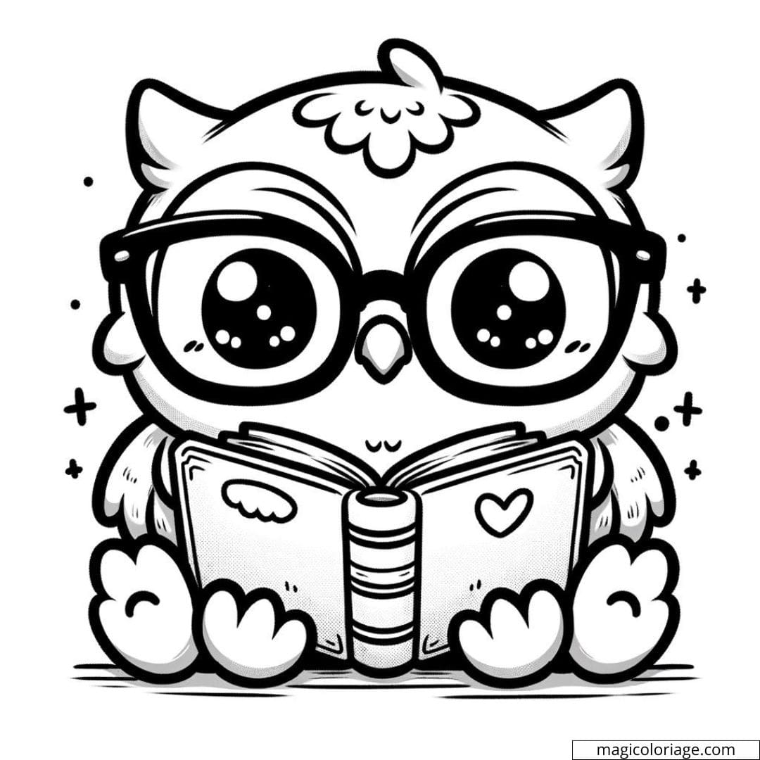 Coloriage à imprimer de hibou kawaii avec lunettes et livre ouvert