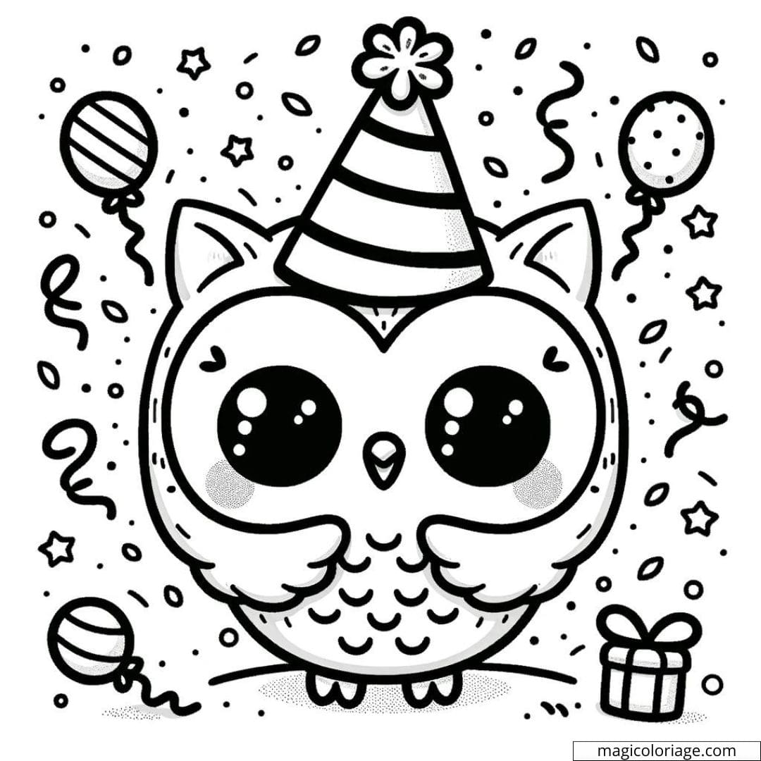 Coloriage à imprimer de hibou kawaii avec un chapeau de fête et des confettis