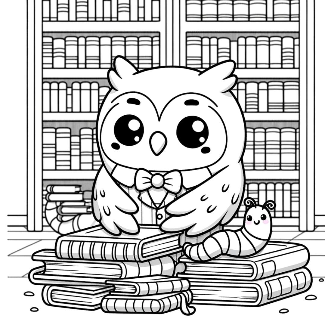 Coloriage d'une chouette kawaii bibliothécaire