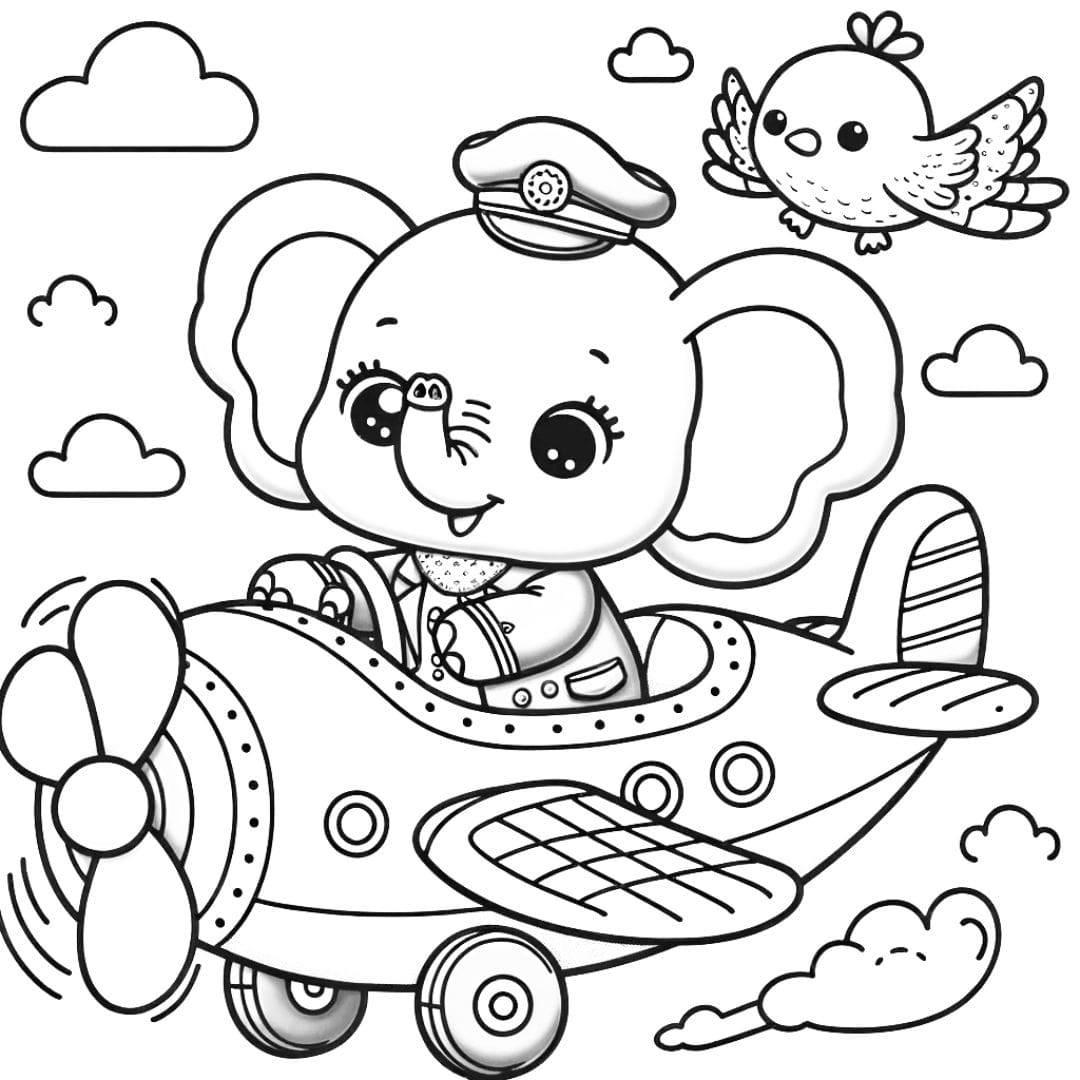 Coloriage d'un éléphant kawaii pilote