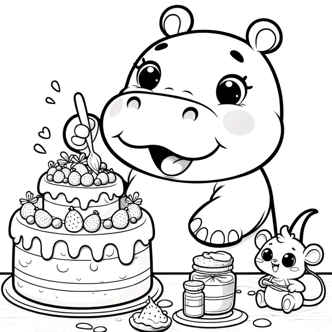 Coloriage d'un hippopotame kawaii pâtissier