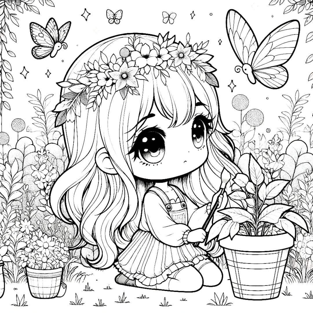 Coloriage d'une fille kawaii jardinière