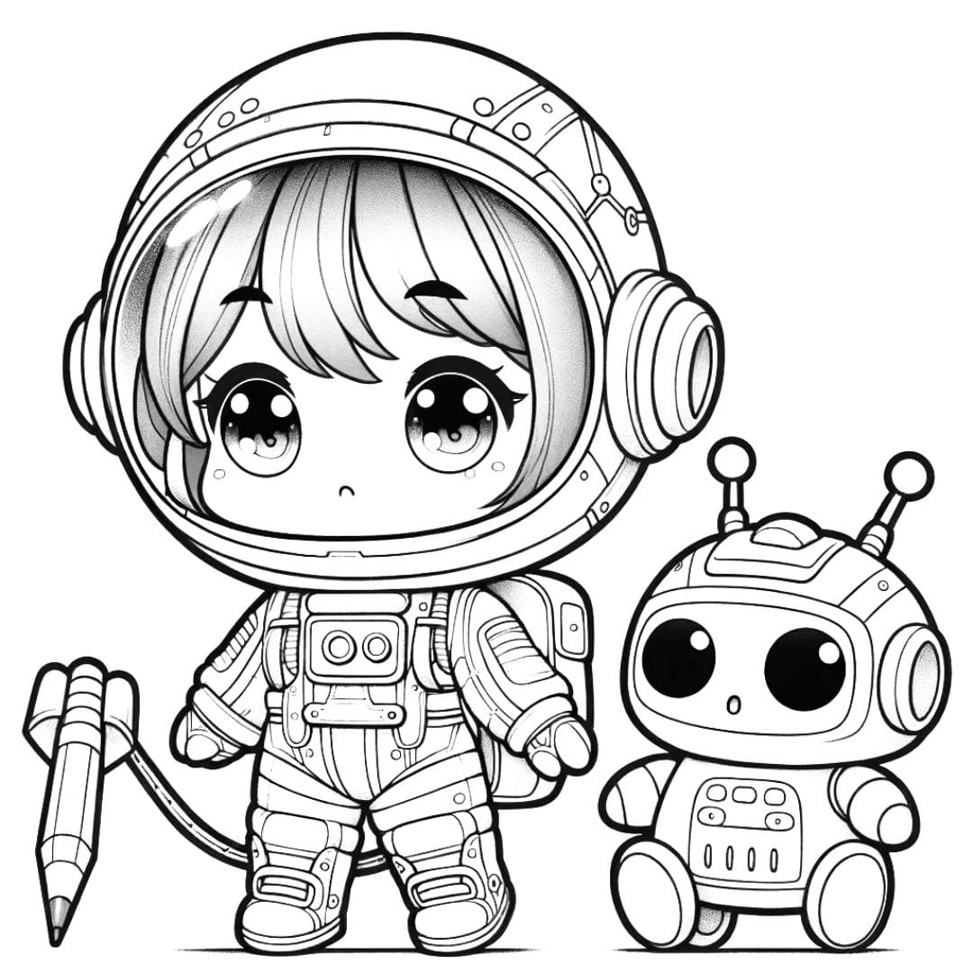 Coloriage d'une fille kawaii astronaute
