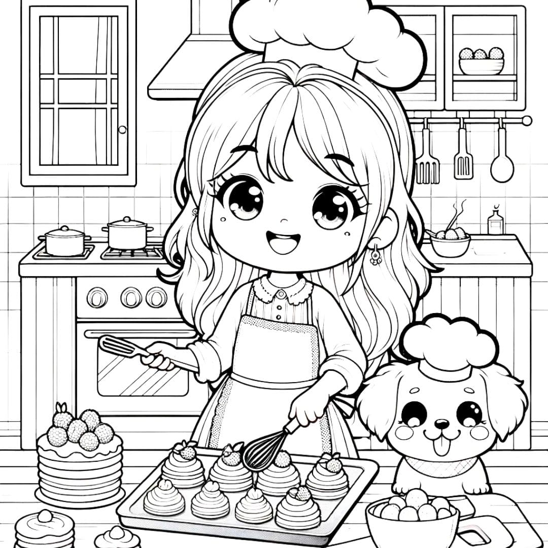 Coloriage d'une fille kawaii cheffe cuisinière