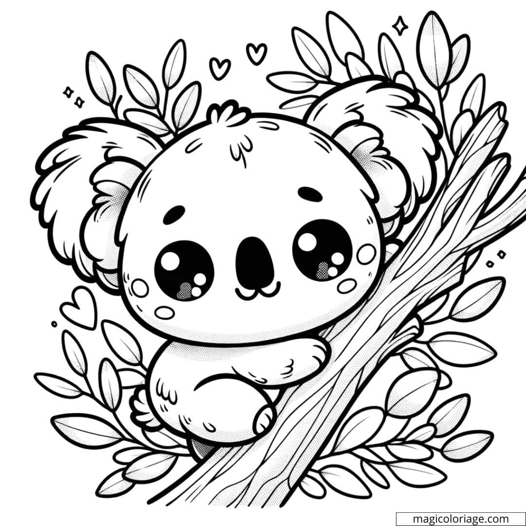 Coloriage à imprimer de koala kawaii grimpant à un arbre avec des feuilles d'eucalyptus