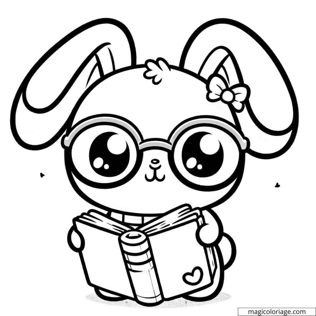 Coloriage à imprimer de lapin kawaii avec des lunettes et un livre ouvert