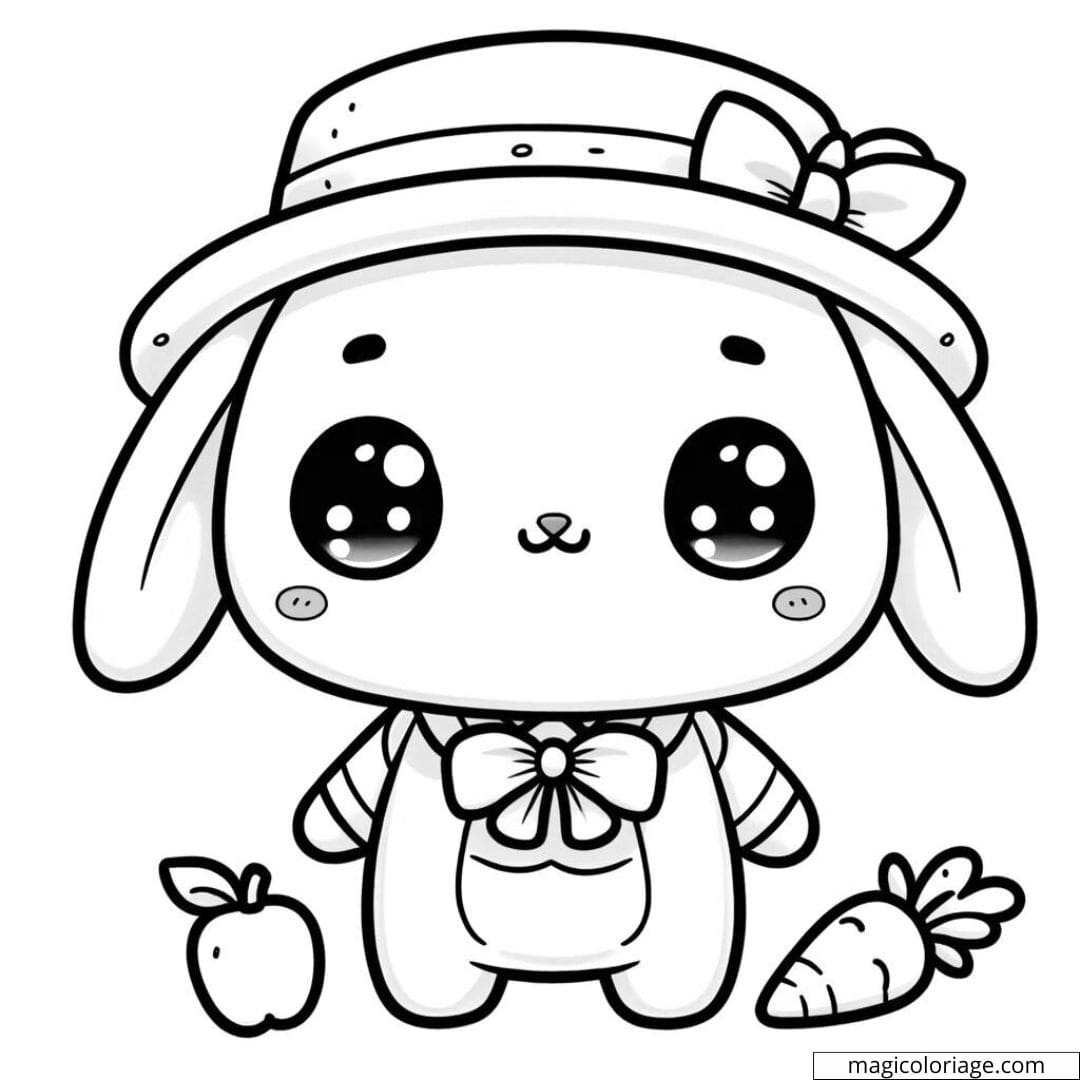Coloriage à imprimer de lapin kawaii avec un chapeau et une carotte