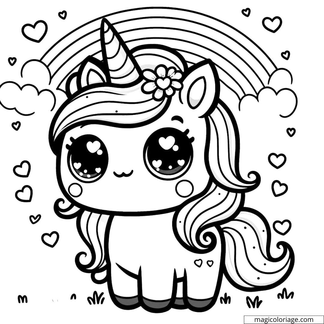 Coloriage à imprimer de licorne kawaii avec une crinière arc-en-ciel et des cœurs