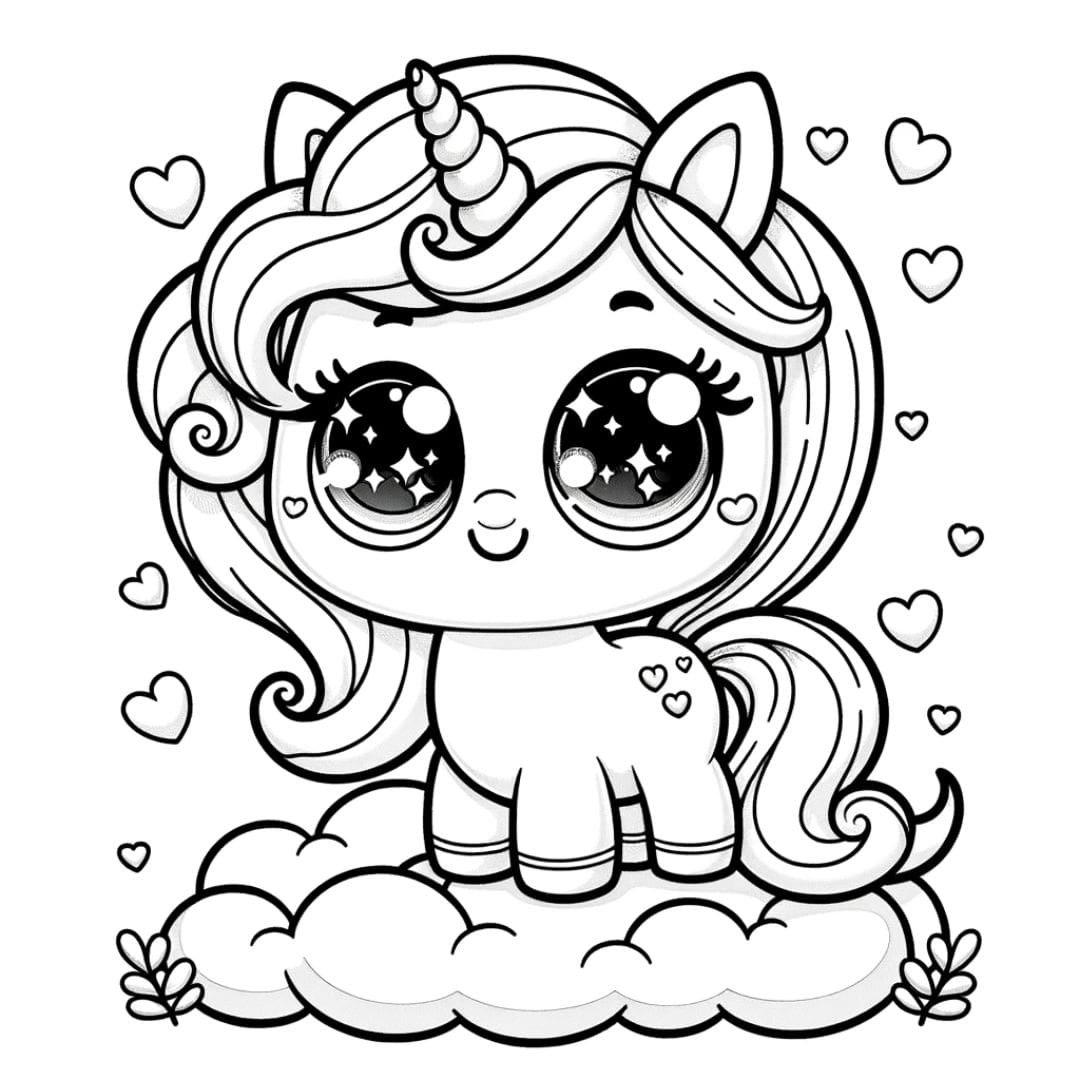 Coloriage à imprimer de licorne kawaii sur un nuage