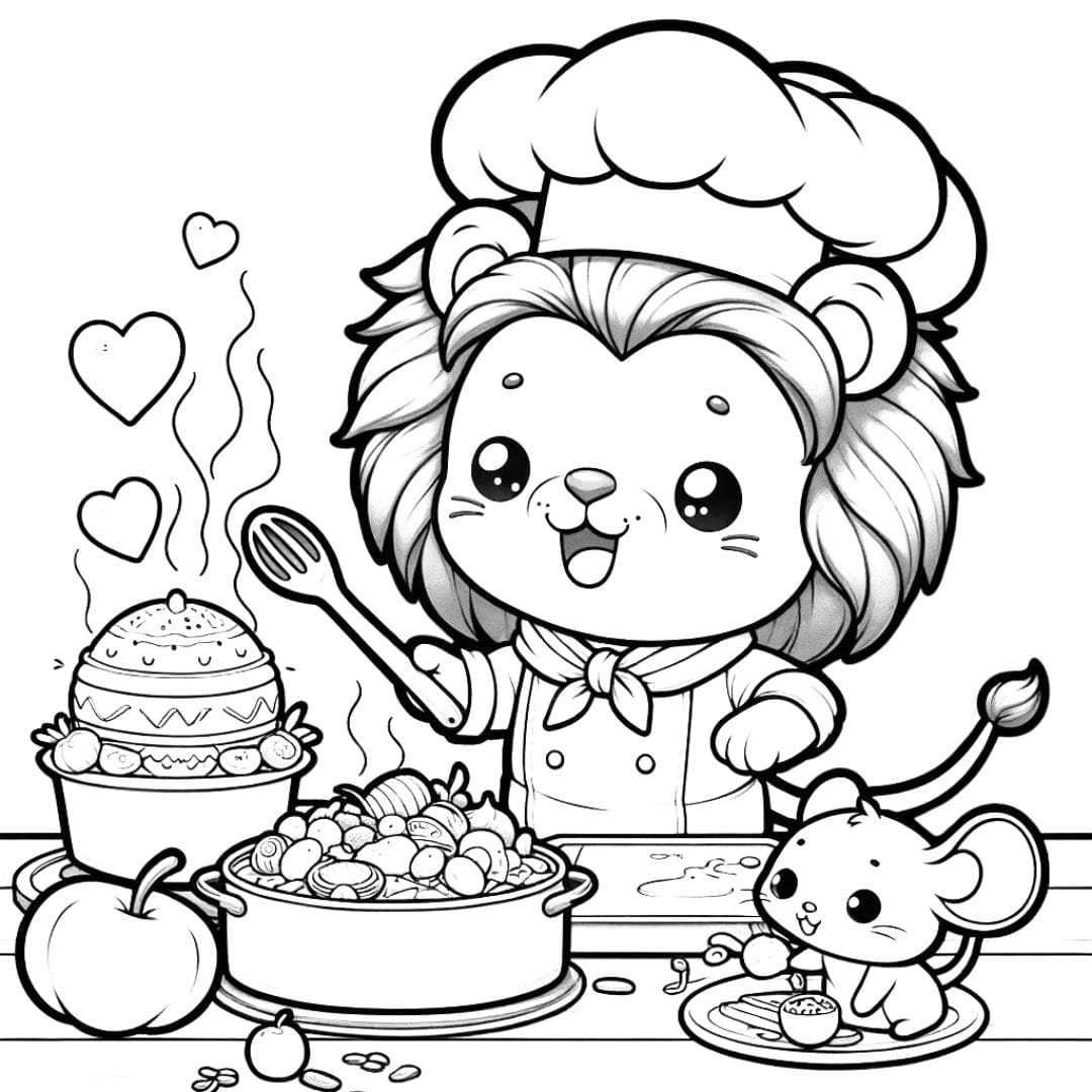 Coloriage d'un lion kawaii chef cuisinier