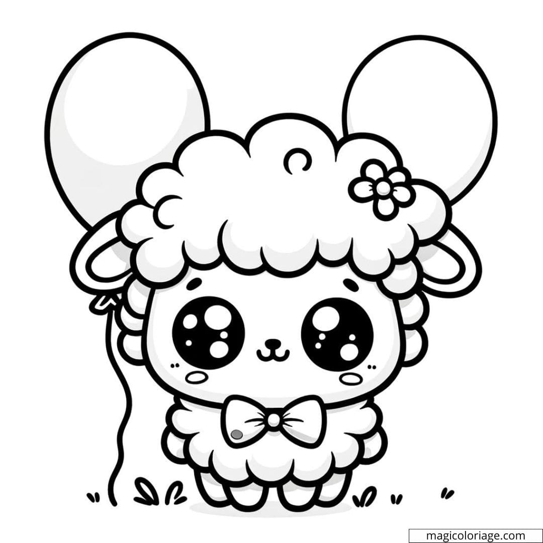 Coloriage à imprimer de mouton kawaii avec un nœud papillon et un ballon