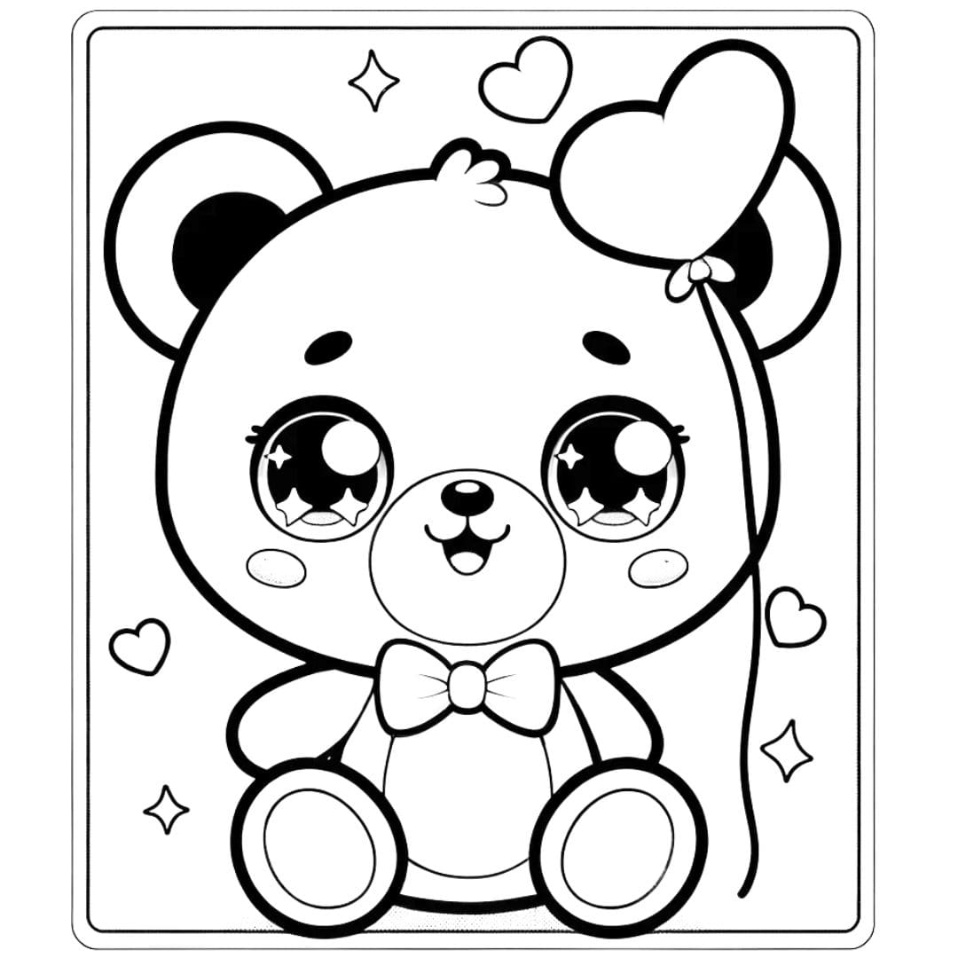 Coloriage d'un ours kawaii avec un ballon en forme de cœur