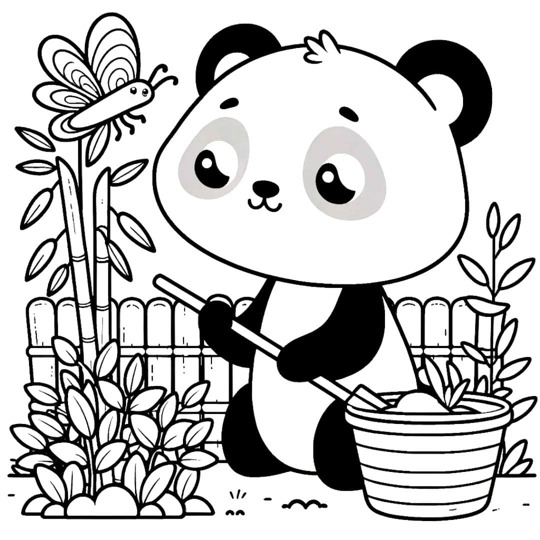 Coloriage d'un panda kawaii jardinier