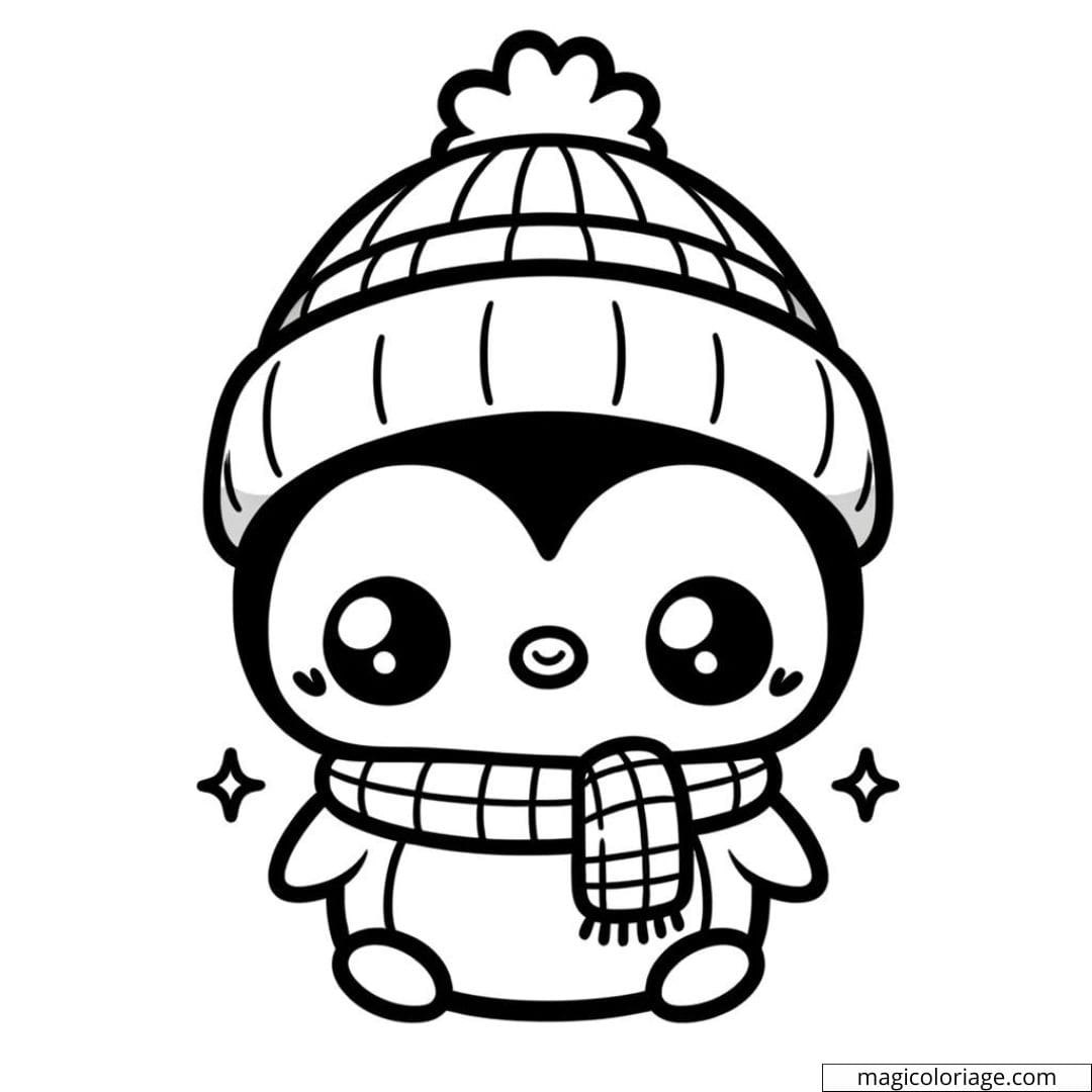 Coloriage à imprimer de pingouin kawaii avec écharpe et bonnet