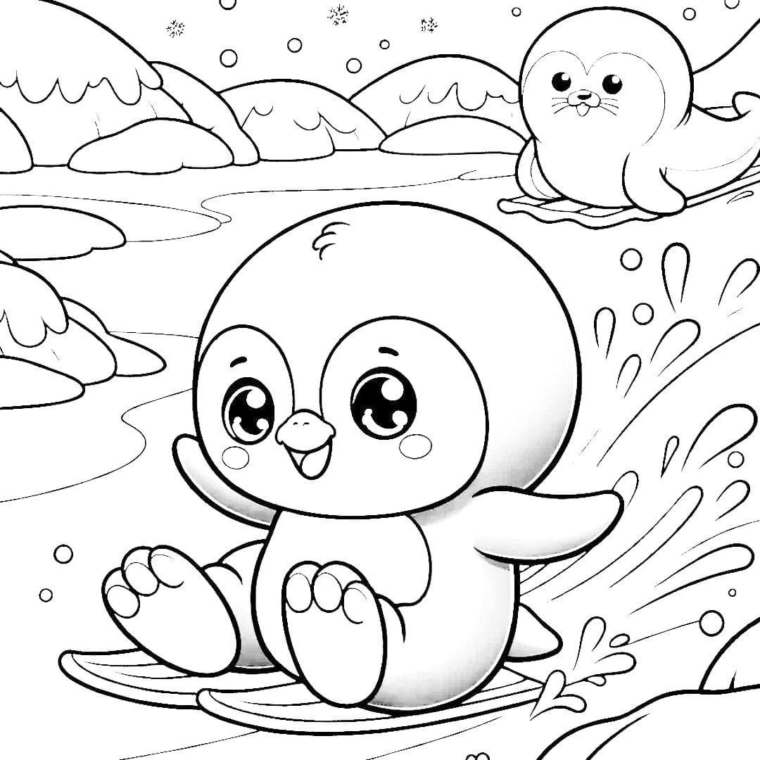 Coloriage d'un pingouin kawaii sur la glace