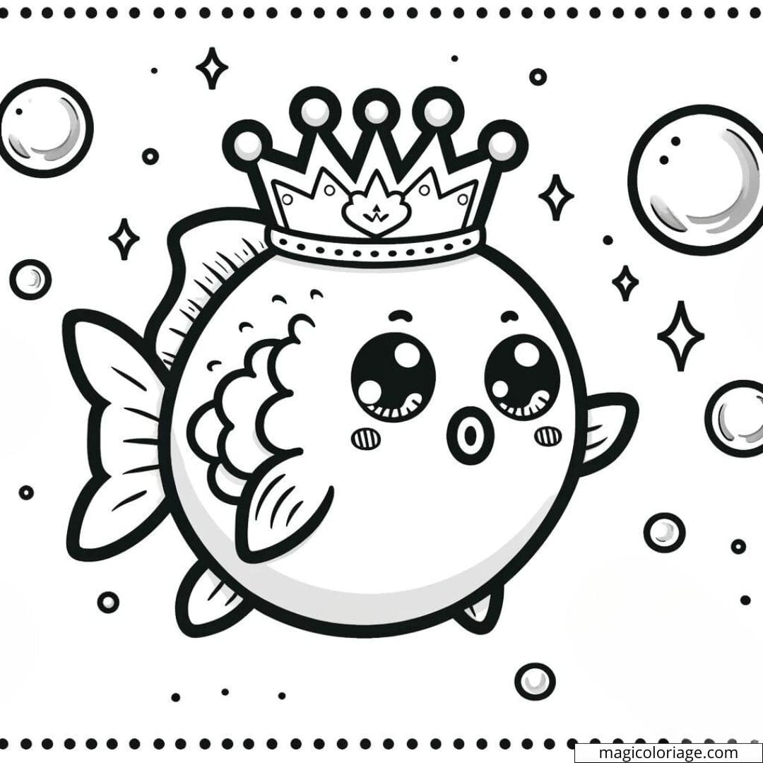 Coloriage à imprimer de poisson kawaii avec une couronne et des bulles