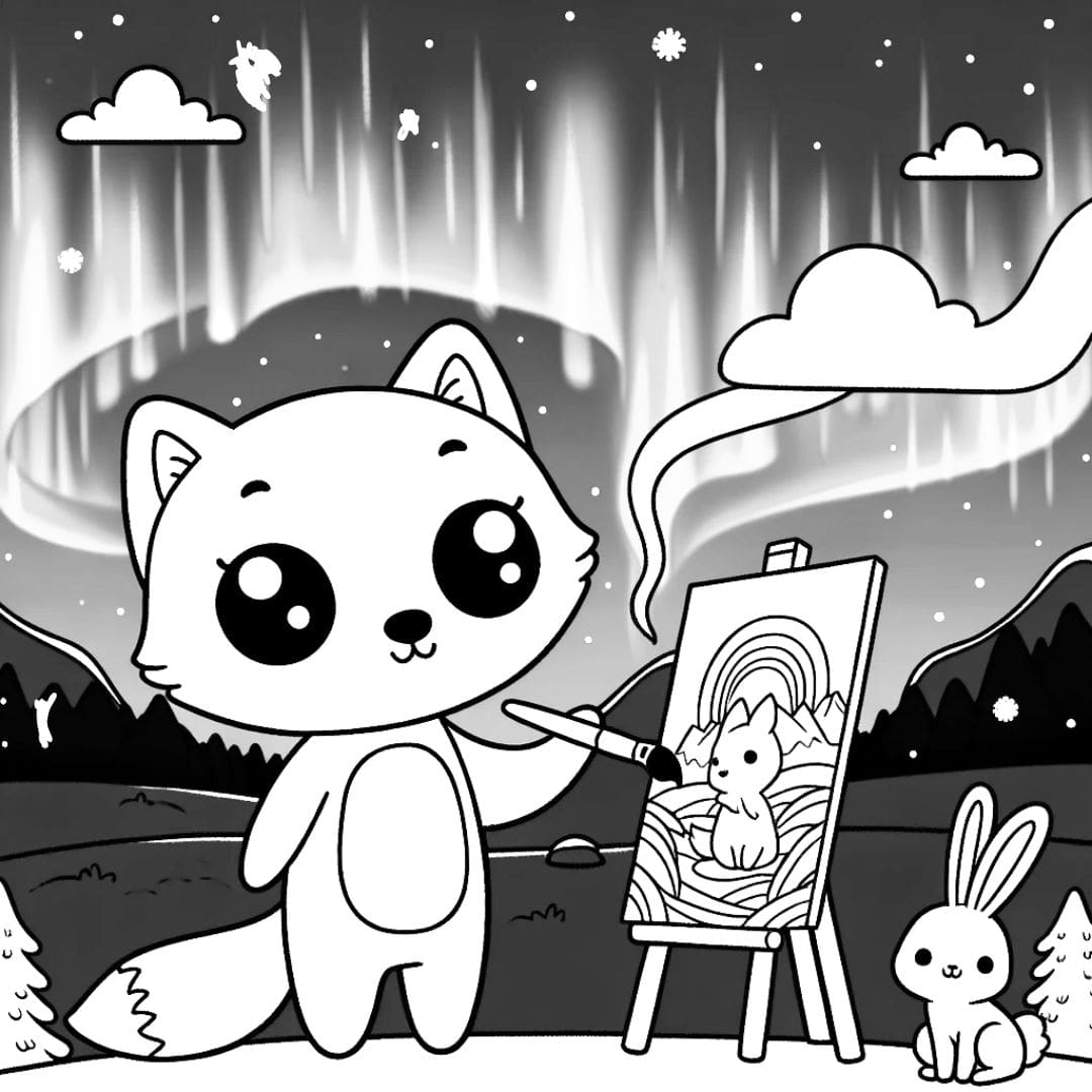 Coloriage d'un renard polaire kawaii artiste