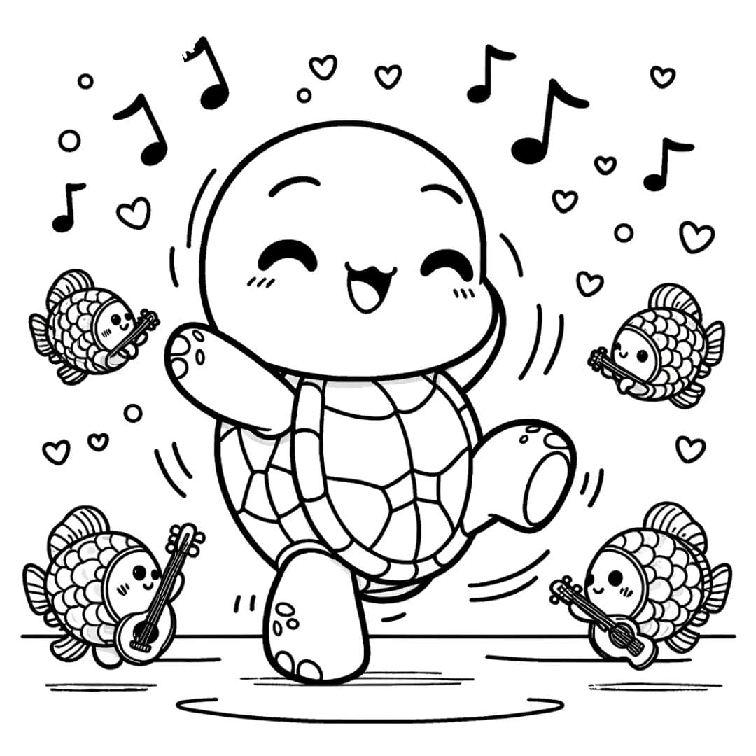 Coloriage d'une tortue kawaii dansante