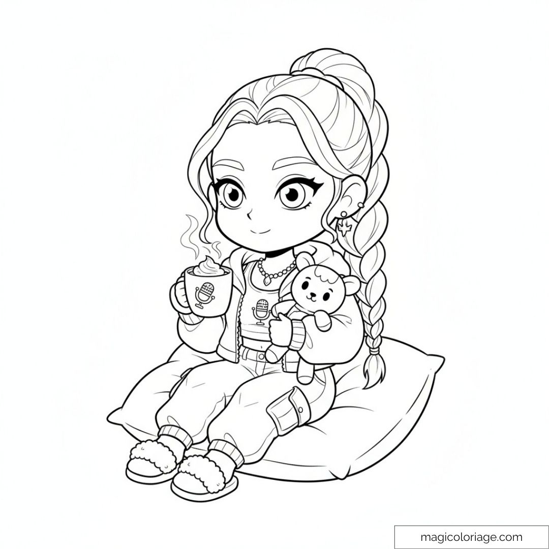 Rumi des Kpop Demon Hunters assise avec tasse et peluche.