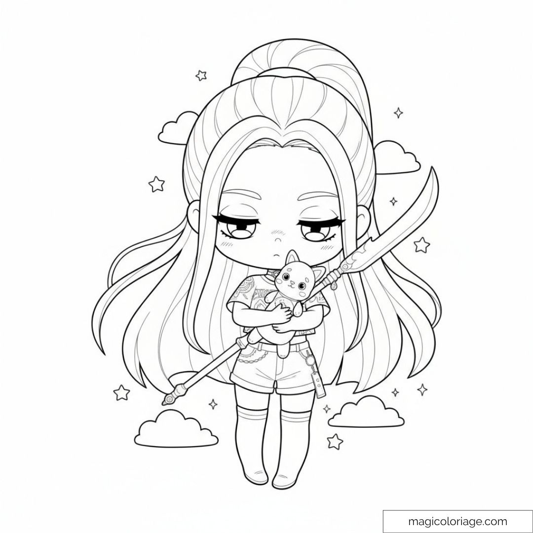 Mira Kpop Demon Hunters chibi avec épée et peluche.