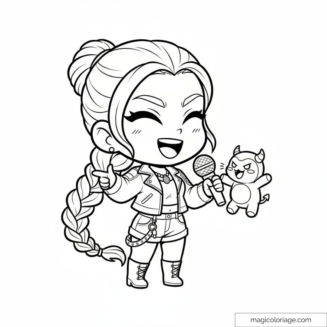 Rumi de Kpop Demon Hunters avec micro et peluche à colorier