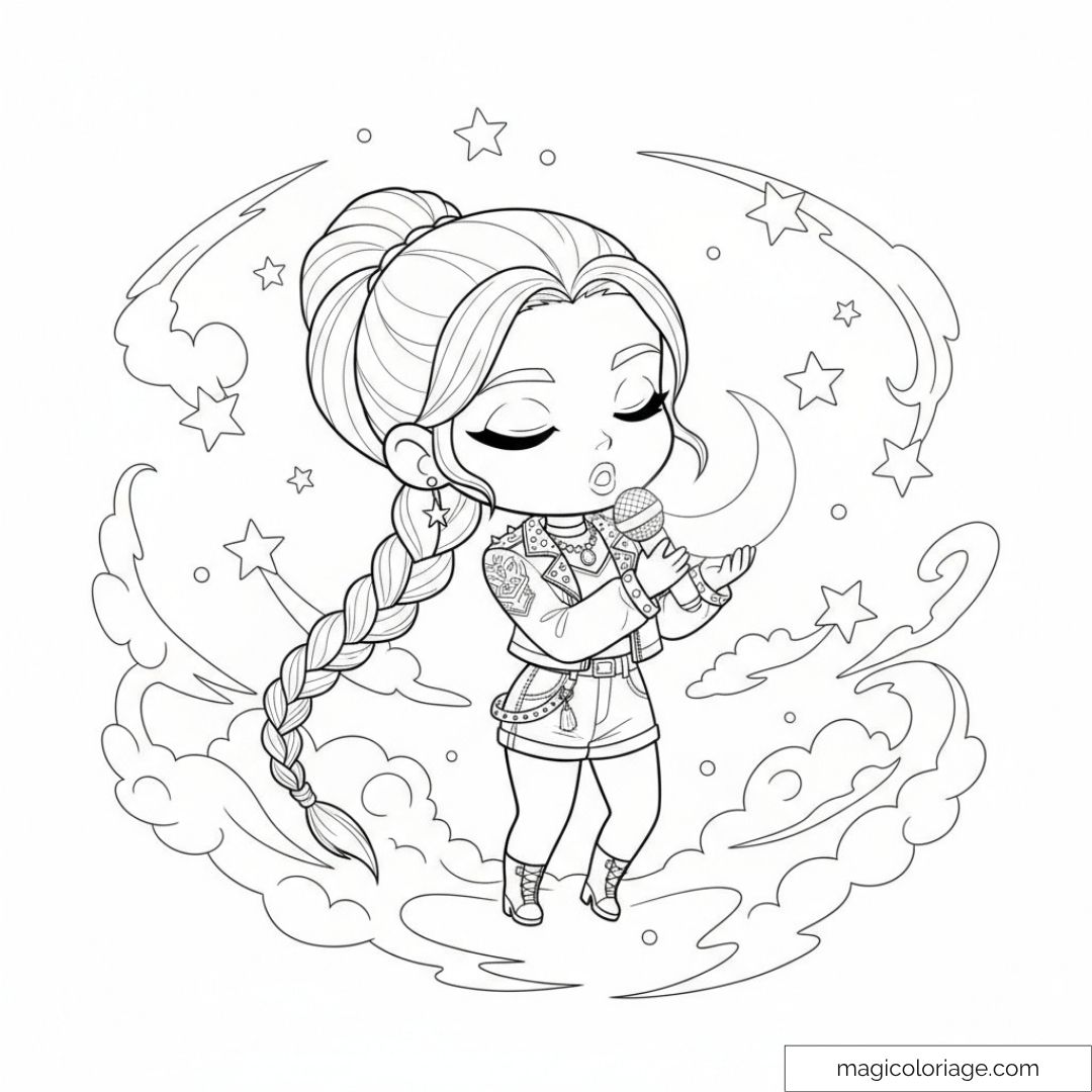 Rumi de Kpop Demon Hunters chantant entourée d'étoiles et de nuages.