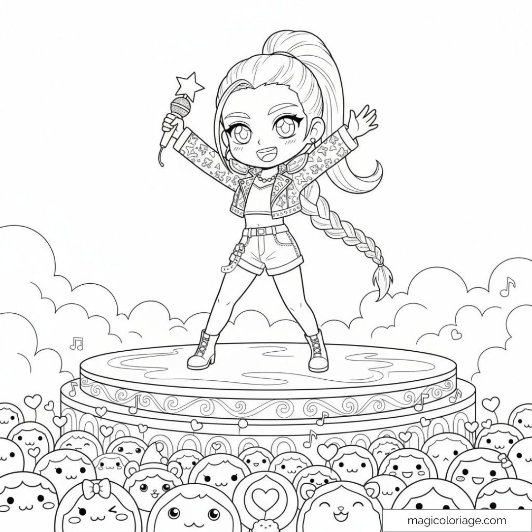 Dessin de Rumi Kpop Demon Hunters avec micro et public mignon