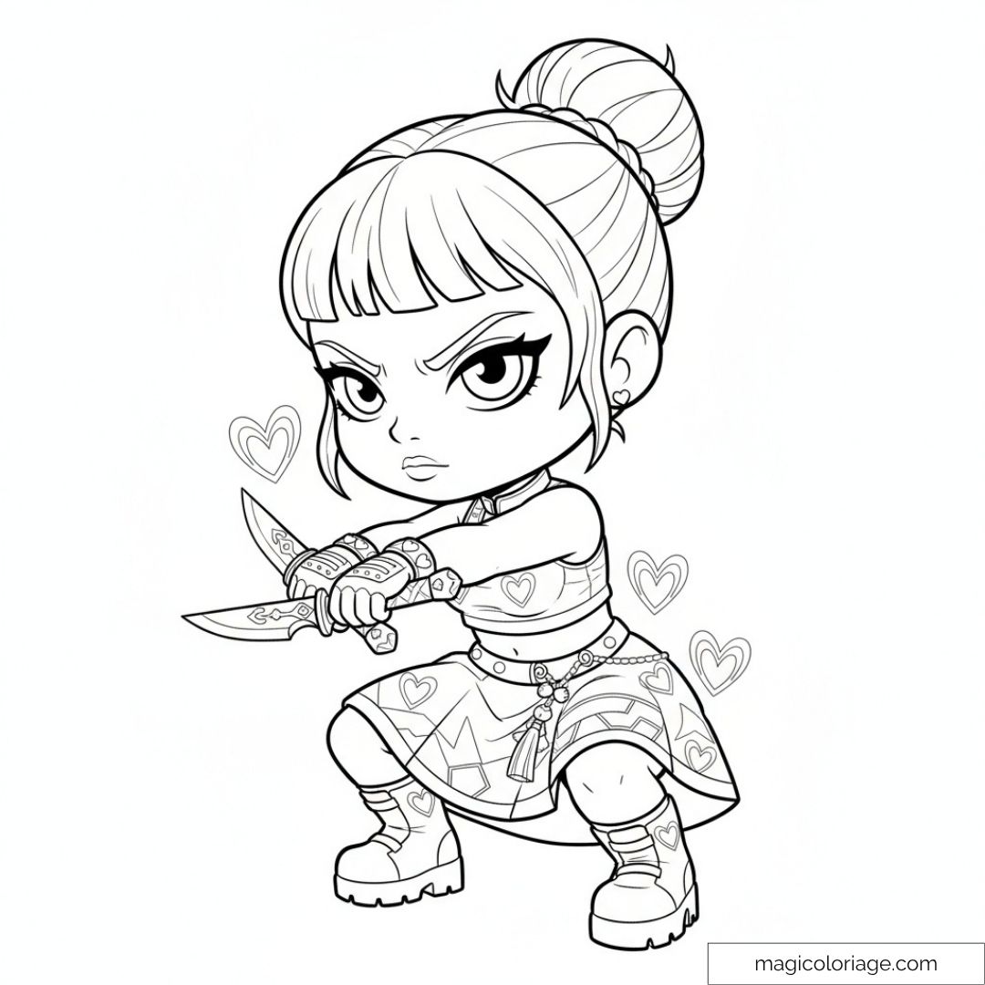 Illustration de Zoey de Kpop Demon Hunters avec tenue et armes