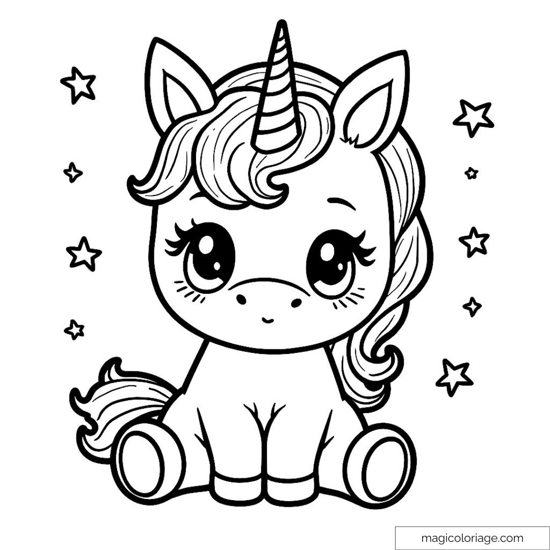 Dessin linéaire d'une licorne kawaii avec petites étoiles pour coloriage