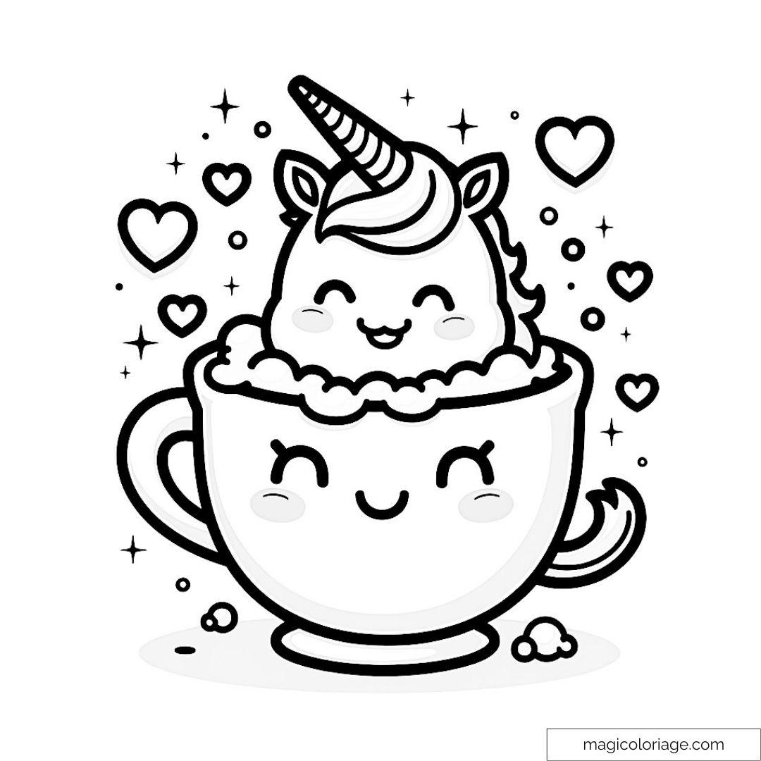 Dessin licorne mignonne dans tasse avec cœurs et étoiles