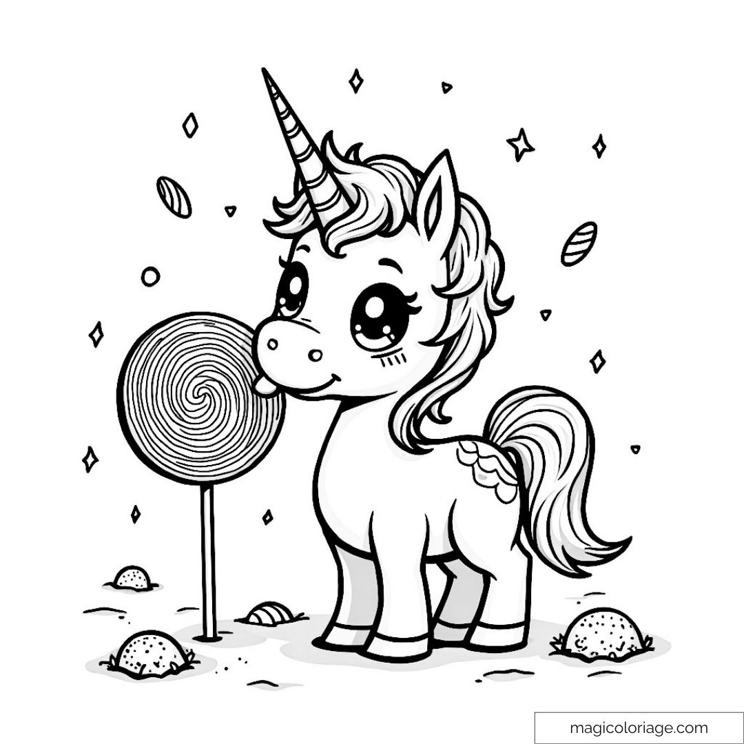 Dessin de licorne mignonne avec sucette et étoiles à colorier