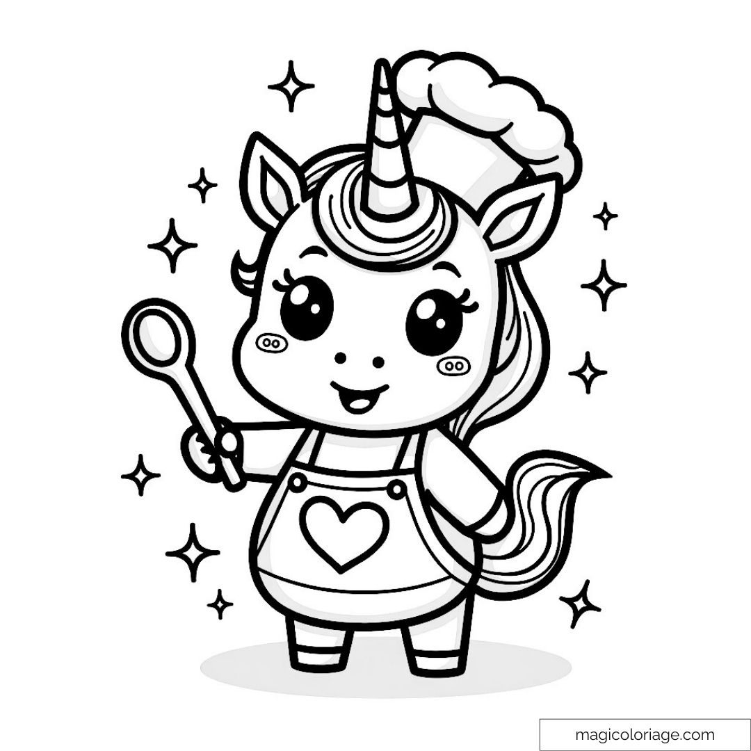 Licorne avec cuillère et toque de chef entourée d'étoiles à colorier.