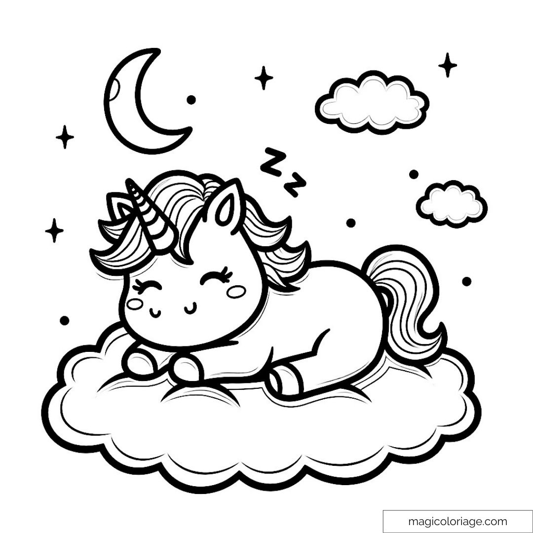Licorne mignonne dormant sur un nuage sous les étoiles et la lune.