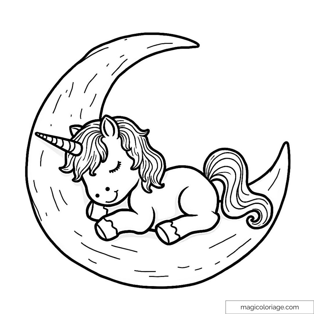 Licorne endormie sur croissant de lune à colorier.