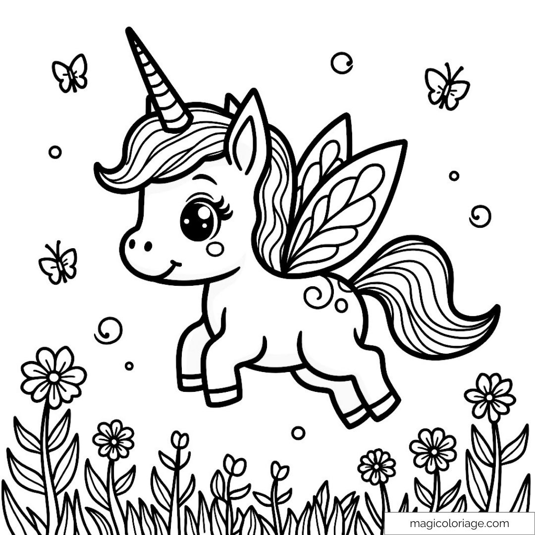 Licorne volant dans un jardin fleuri avec des papillons à colorier