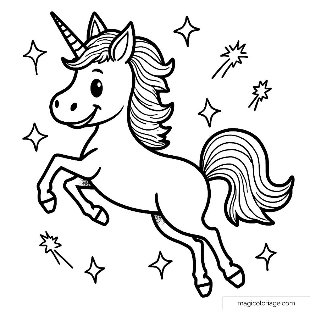 Coloriage d'une licorne magique entourée d'étoiles