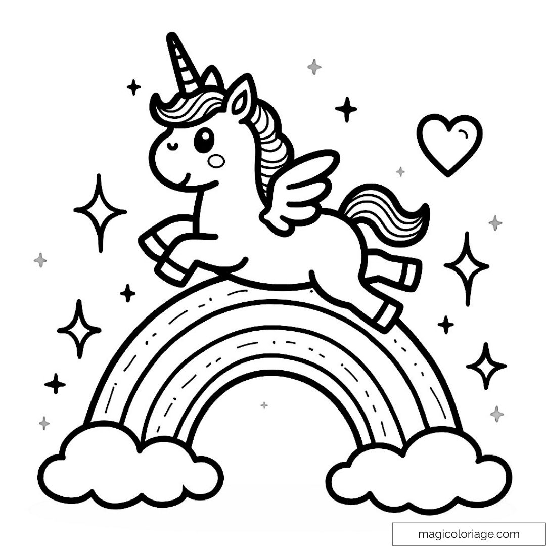 Licorne mignonne avec des ailes sur un arc-en-ciel et étoiles
