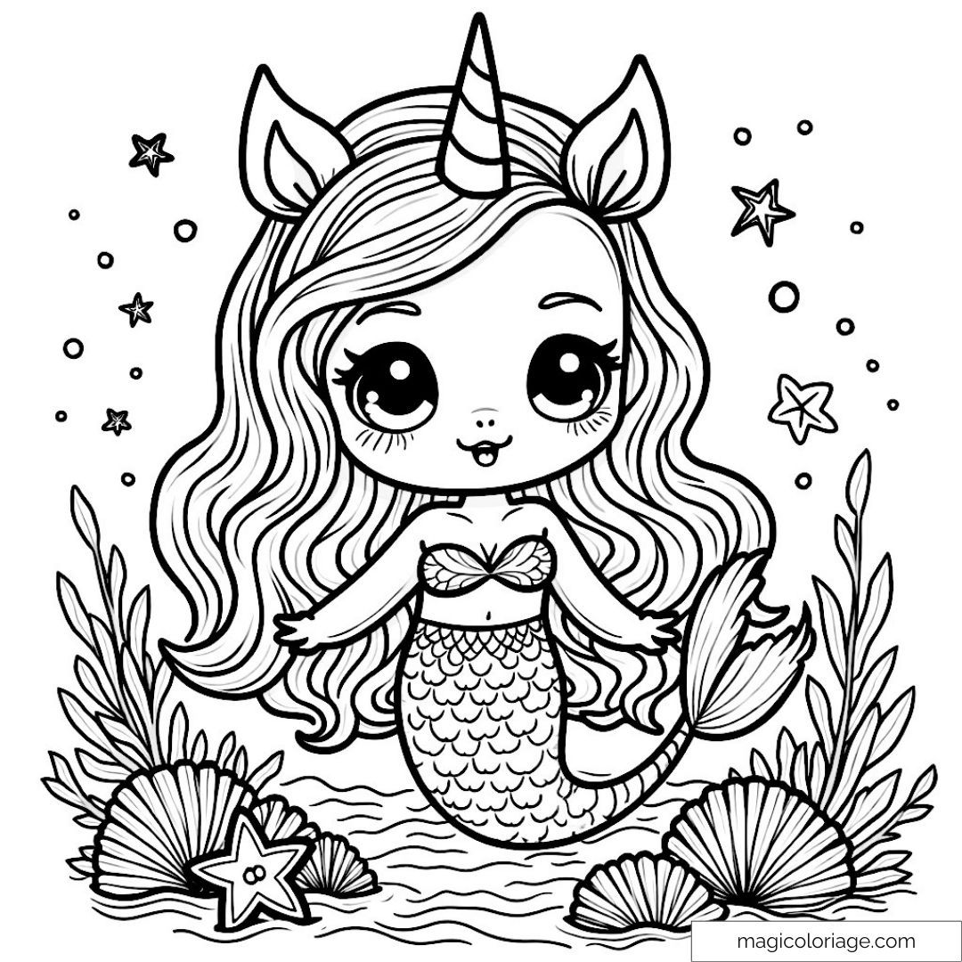 Coloriage sirène licorne mignonne entourée de coquillages et étoiles.