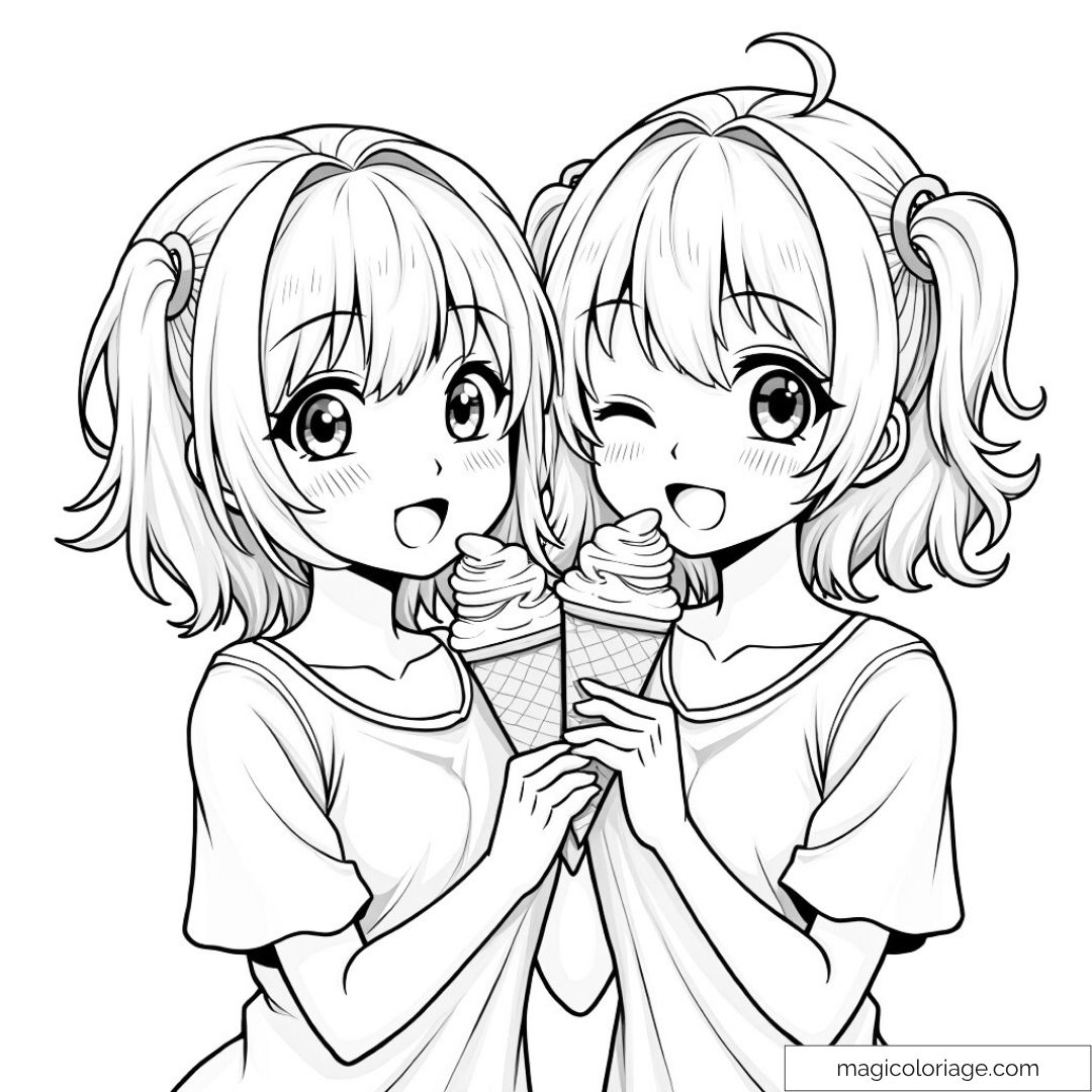 Deux filles style manga avec glaces. Colorier amies heureuses.