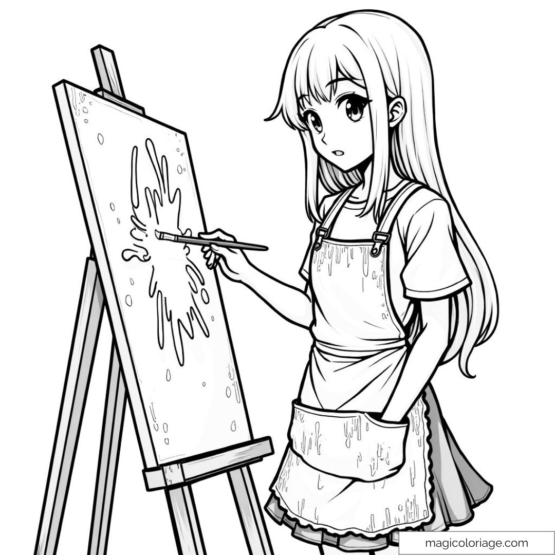Dessin d'une fille manga peignant sur une toile