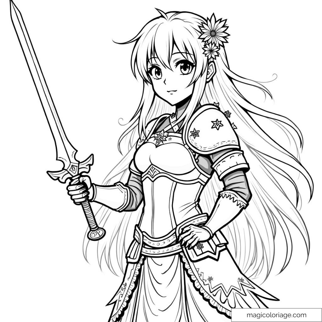 Chevalière manga en armure avec épée à colorier.