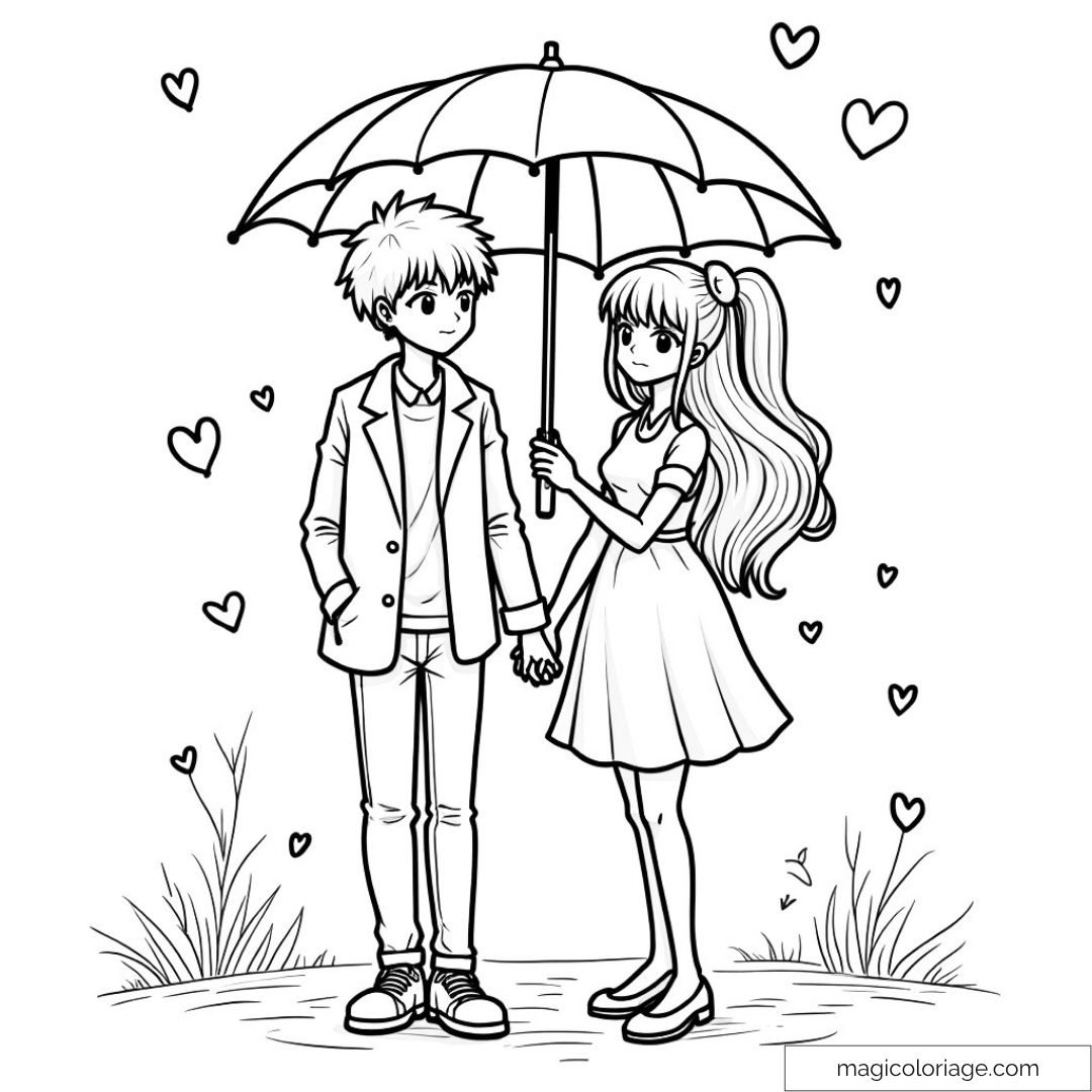 Un couple sous un parapluie avec des cœurs autour