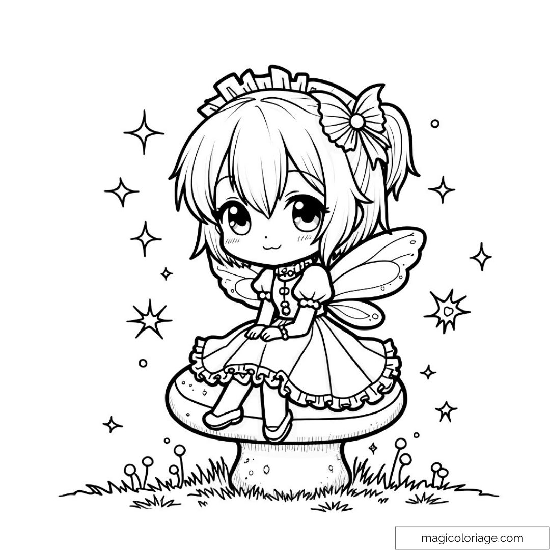 Dessin de fée Chibi mignonne sur champignon avec étoiles étincelantes autour