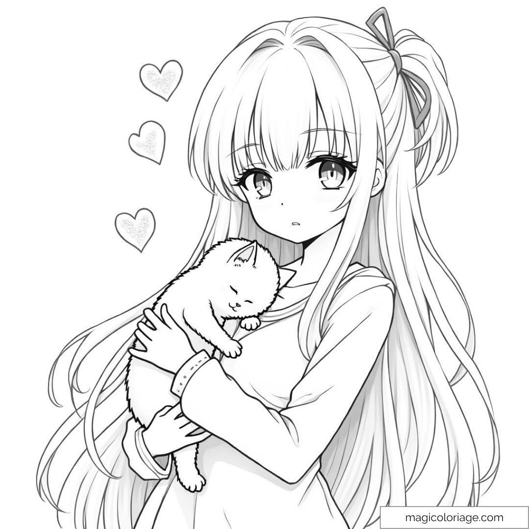 Dessin de fille manga avec chaton et cœurs
