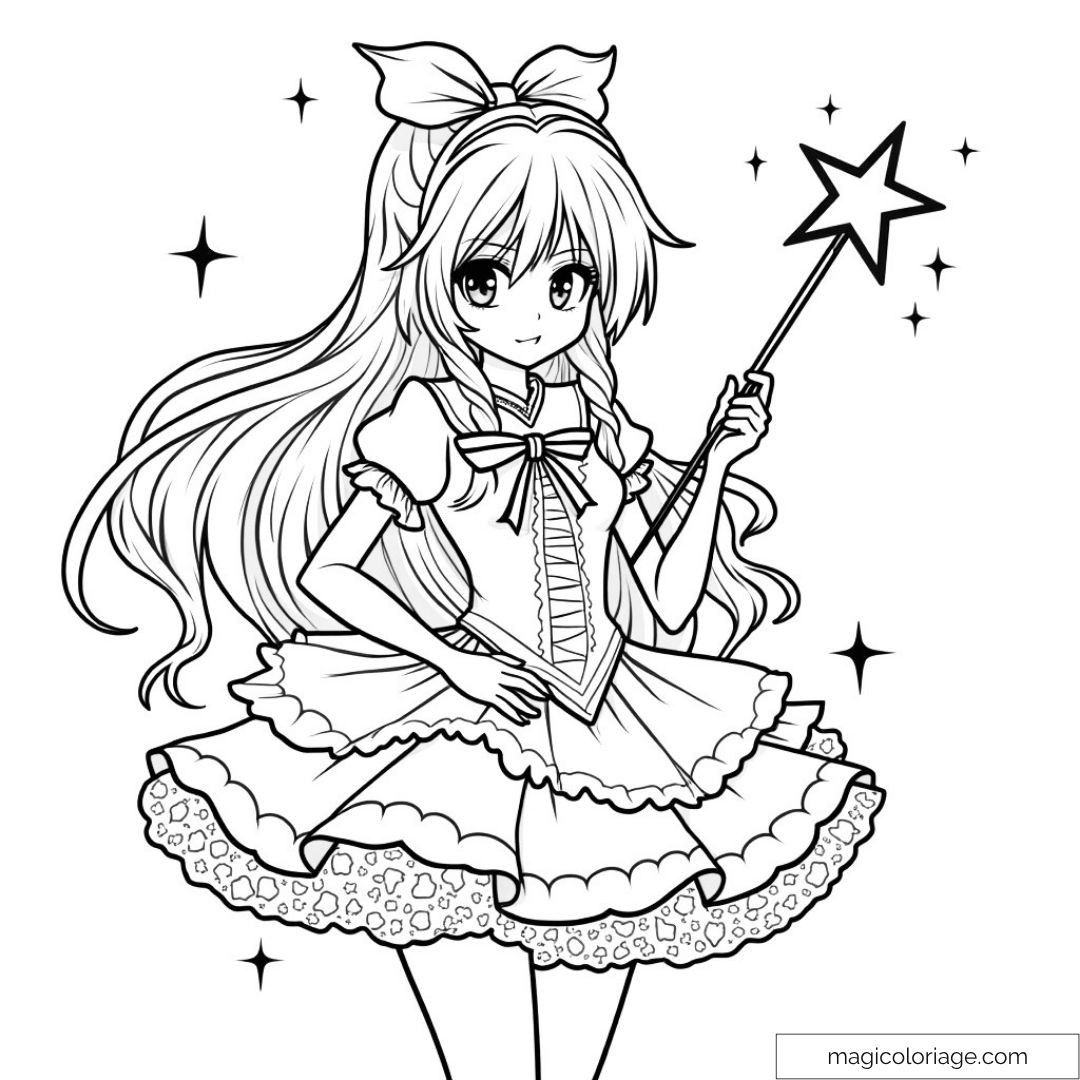 Dessin de princesse avec baguette magique et étoiles scintillantes.